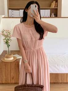 Women's Solid Color Round Neck Raglan Short Sleeve Midi Dress - Pink - View 2