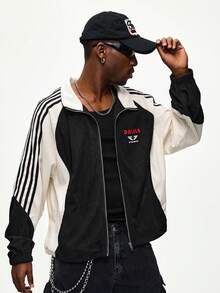 ROMWE MEN Street Life 男士秋季字母条纹长袖拉链休闲外套 - 黑色 - 查看 6