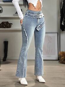 SHEIN EZwear جينز أنيق وكاجوال بقصة فلير بطراز رجعي وعصري من طراز Y2K للنساء - أزرق متوسط - مشاهدة 5