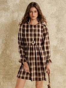 Florisole 女士秋冬波西米亚休闲风宽松A字长袖格子迷你连衣裙 - 酒紅色 - 查看 7