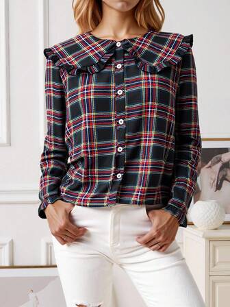Écloséra New Vintage French Style Plaid Peter Pan Collar Single-Breasted Comfortable Shirt For Women, Suitable For Christmas, Can Be Worn As Outerwear Or Layering