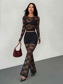 SHEIN PETITE 2pcs Women's Sexy Sheer Black Lace Top And Lace Pants Set, Stylish Design, Spring/Summer - Black - View 5