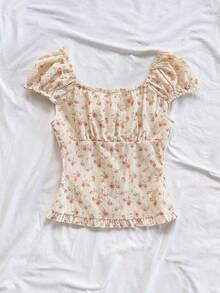 Soleia Women's Floral Ruffle Trim Embroidered Fashionable Sweet Versatile Puff Sleeve Blouse