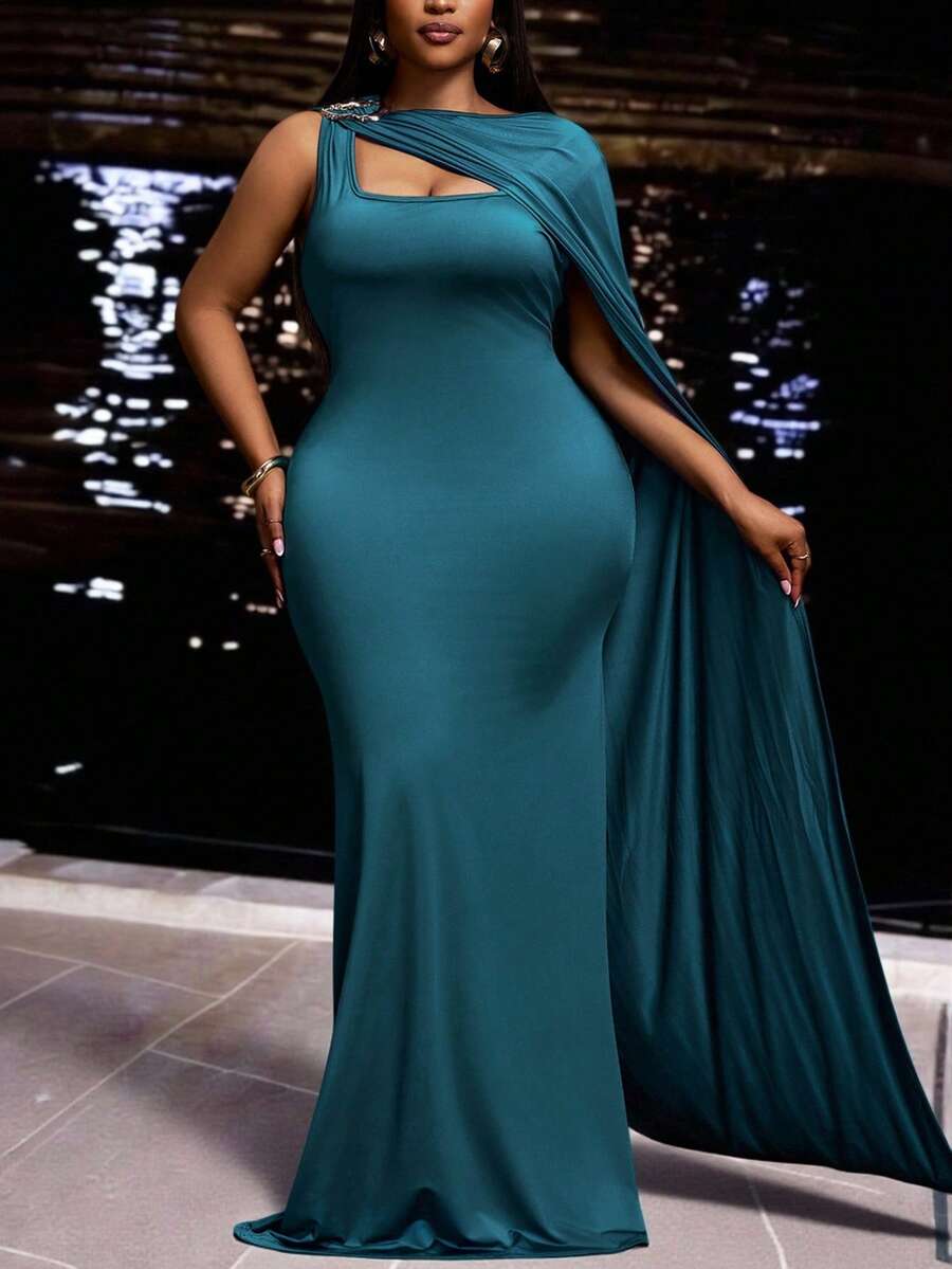 Slaydiva Plus Size Light Teal Summer Curve Elegant Cocktail Dress,Women's Cape Floor-Length Knitted Super Long Dress For Wedding,Party & Birthday Banquet - Teal Blue - View 1