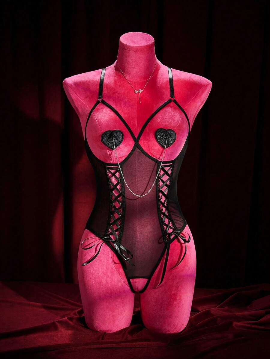 SpicyHot 2pcs/Set Sexy Backless Lingerie Set (Wireless, Nipple Covers) - Black - View 1