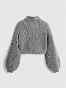 ROMWE Goth Suéter de cuello alto negro gótico oscuro con bordado misterioso de gato - Gris - Ver 2