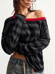 Bohemela Casual Knit Striped Asymmetric Shoulder Long Sleeve Loose T-Shirt For Women - Multicolor - View 3