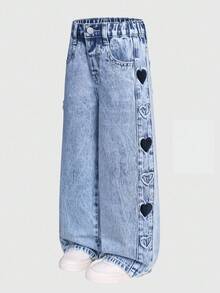 SHEIN ChillGRL Young Girls Baggy Jeans Y2k Oversized Jeans Wide Leg Jeans Girls Baggy Girls Jeans Loose Jeans New Arrival 2025 Aesthetic Clothes For Teens Girls' Jeans, New Arrival For  2026, Light Wash Denim With Heart Embroidery, Side Panel Design, Relaxed Straight Leg, Versatile For Holidays, Casual Outings, School, Parties, Christmas And More Young Girl Heart Embroidered Casual Wide Leg Distressed Washed Denim Jeans, Suitable For Spring, Summer, Autumn, Winter, Street Style - Light Wash - View 10