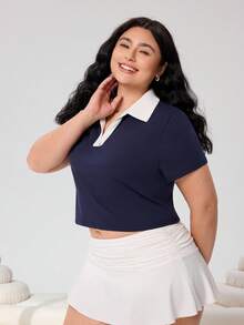 SHEIN EZwear 大码撞色领短款 T 恤，夏季 - 藏蓝色 - 查看 3