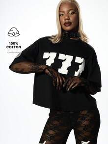 SUMWON WOMEN 超大哥特式另类街头风 T 恤，带有 Triple Seven 图案，节日音乐会垃圾摇滚风格休闲上衣