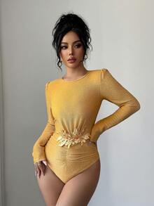 Elenzga Women's Fashionable Crew Neck Tie-Front Long Sleeve Bodysuit - Orange - View 3