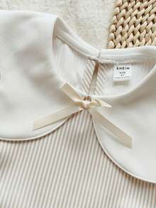 Vintaside Kids 1pc White Butterfly Collar Brown & White Striped Long Sleeve Dress, Young Girls - Multicolor - View 5