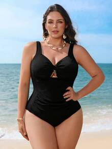 Swim Lushoire 加大码女士黑色纹理褶皱腰部显瘦性感紧身沙滩派对连体泳衣 - 黑色 - 查看 1