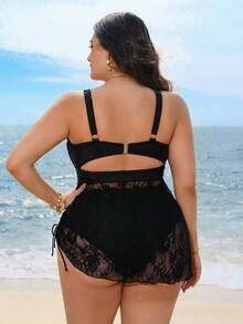 Swim Lushoire Plus Size Women 2pcs Solid Color Elegant Beach/Pool Swimsuit - Black - View 2