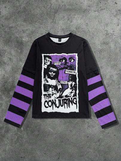 The Conjuring X ROMWE Men's Gothic Horror Mission & Letter Graphic Contrast Stripe Long Sleeve T-Shirt, Casual For Spring & Autumn