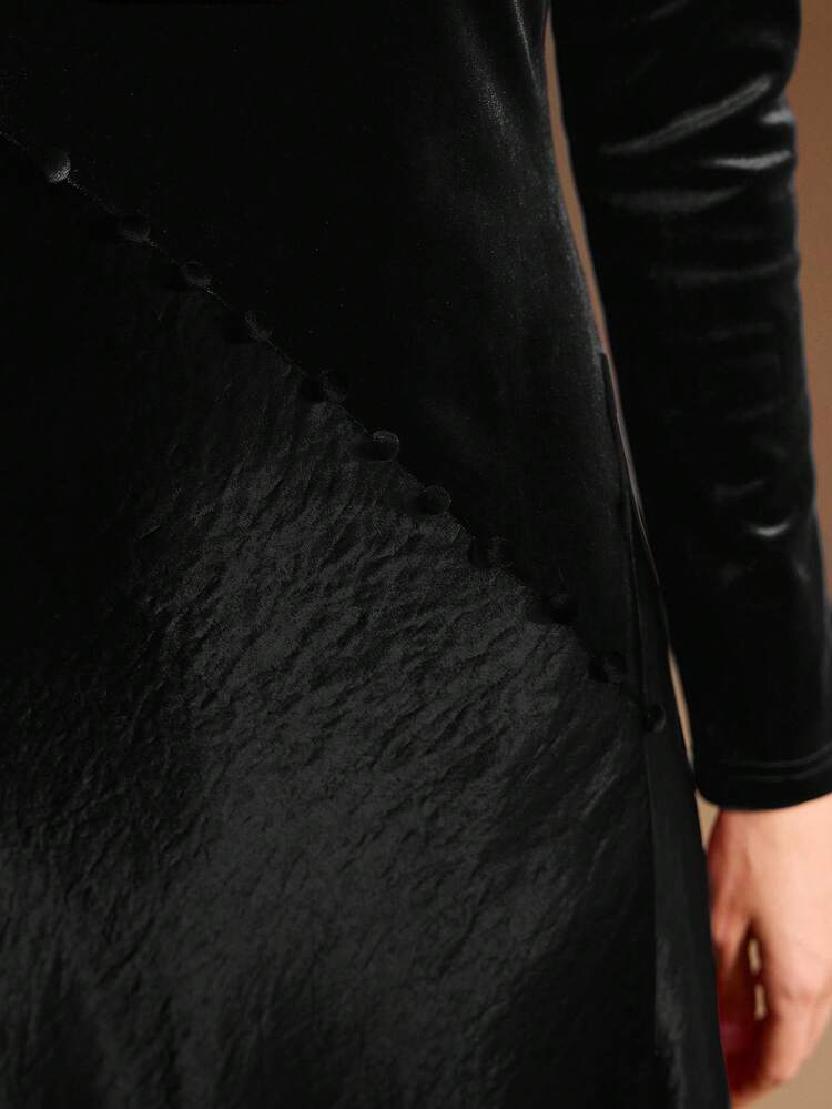 VELVET & SATIN PATCHWORK SPLIT HEM DRESS