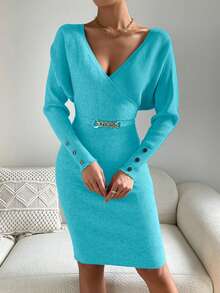 EMERY ROSE Women's Elegant Overlap Collar Batwing Sleeve Sweater Dress, Autumn/Winter