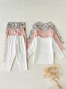 SHEIN Bộ 3 áo liền quần cổ tròn in họa tiết hoa toàn thân cho bé gái và quần legging gân màu tương phản - Nhiều màu - Xem 2