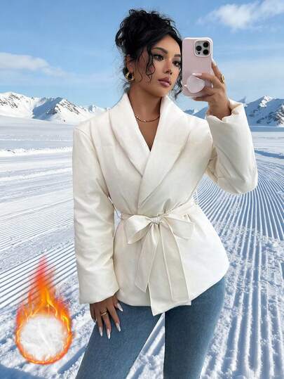 Elenzga Áo khoác lông vũ có mũ trùm đầu thắt eo thời trang nữ