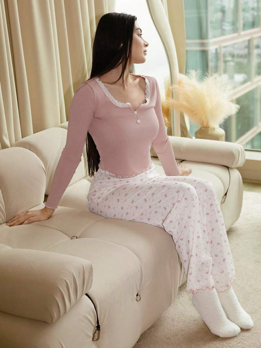Andrea Bello Crown Print Contrast Color Lace Trim Button-Up Collar Long Sleeve Sleepwear Shirt And Long Pants Set For Women Holiday Season, Bountiful Floral Splendor, Fall Clothes Cozy And Elegant Details - Multicolor - View 1