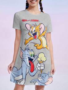 TOM & JERRY X SHEIN 女士卡通字母印花短袖睡裙，夏季，宽松睡衣