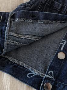 Genkimix Kids 3pcs Young Girls Outfit Set: Bow Print Vest Cardigan + Ribbed Knit Long Sleeve Top + Wide Leg Pants, Retro Sweet Style For Spring & Autumn - Dark Wash - View 8