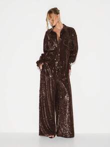 KIZN Sequin Oversized Button Down Blouse Long Sleeve Metallic Evening Party Top Collared Shirt - Chocolate Brown - View 5