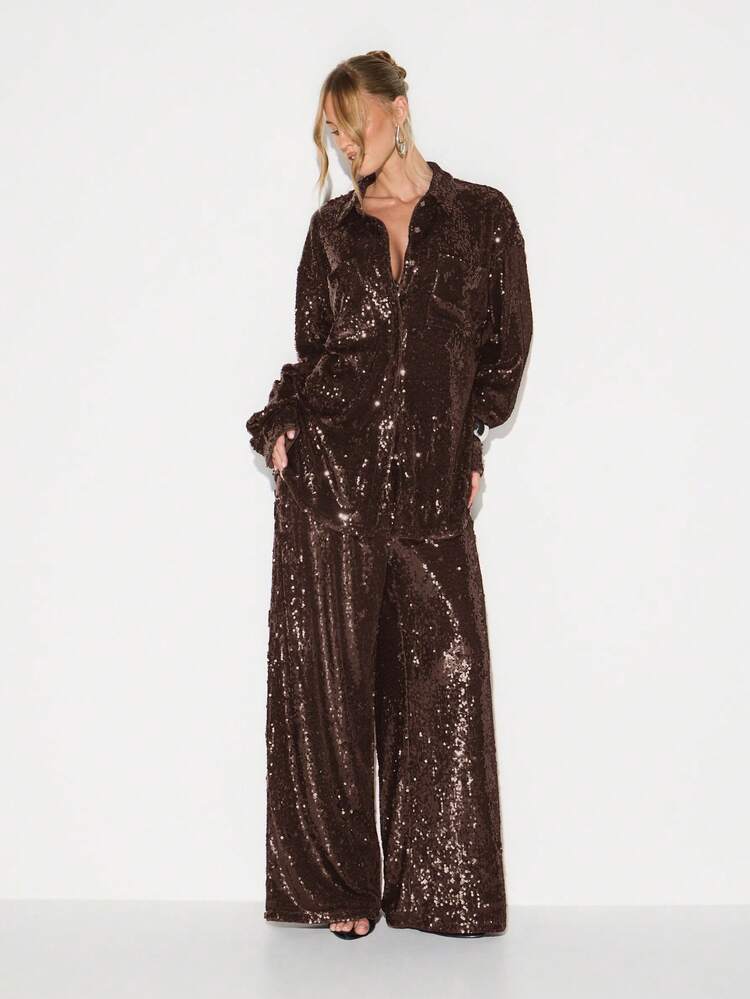KIZN Sequin Oversized Button Down Blouse