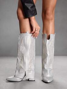 CUCCOO SZL 时尚休闲复古粗跟女式过膝长靴 - 銀色 - 查看 4