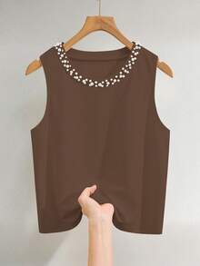 INAWLY Pearl Decor Round Neck Casual Versatile Women Sleeveless Top - Chocolate Brown - View 3