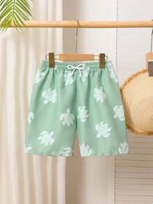 Calções de praia/natação para meninos pré-adolescentes com estampa de tartaruga marinha verde e cordão na cintura, ideais para férias, praia, litoral, verão, férias de primavera e verão. - Multicolorido - Ver 6