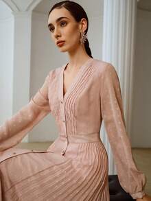 ZEYLAH Đầm dài tay xếp ly cổ chữ V lãng mạn, thanh lịch, thích hợp cho mùa xuân/hè và ngày Valentine. - Màu Hồng baby - Xem 2