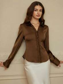 BELROSIE Satin Fabric, Tie-Back Waist Decor, Ruffle Hem Design Elegant & Versatile Long Sleeve Blouse - Coffee Brown - View 5