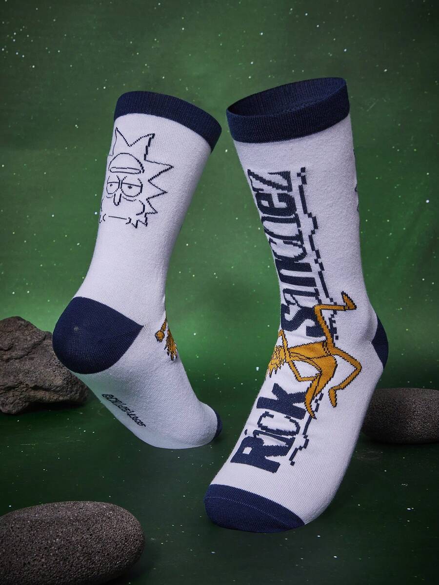 Rick and Morty X SHEIN 1 Pair Women's Comfortable Contrast Color Letter & Cartoon Figure Graphic Mid-Calf Socks