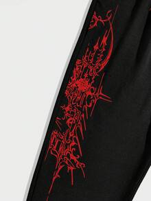 ROMWE MEN Men's Gothic Print Drawstring Waist Pockets Casual Jogger Pants