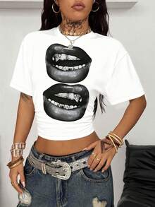 Coolane Women's Fashionable Lip Print Fitted Cropped T-Shirt, Summer,Graphic Tees - White - View 3