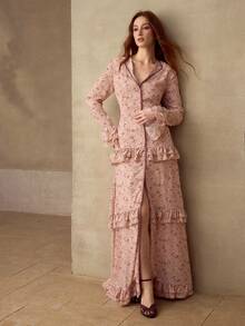 MOTF PREMIUM DITSY FLORAL FLARE SLEEVE LAYERED RUFFLE TIERED HEM MAXI DRESS , SPRING FALL - Baby Pink - View 5