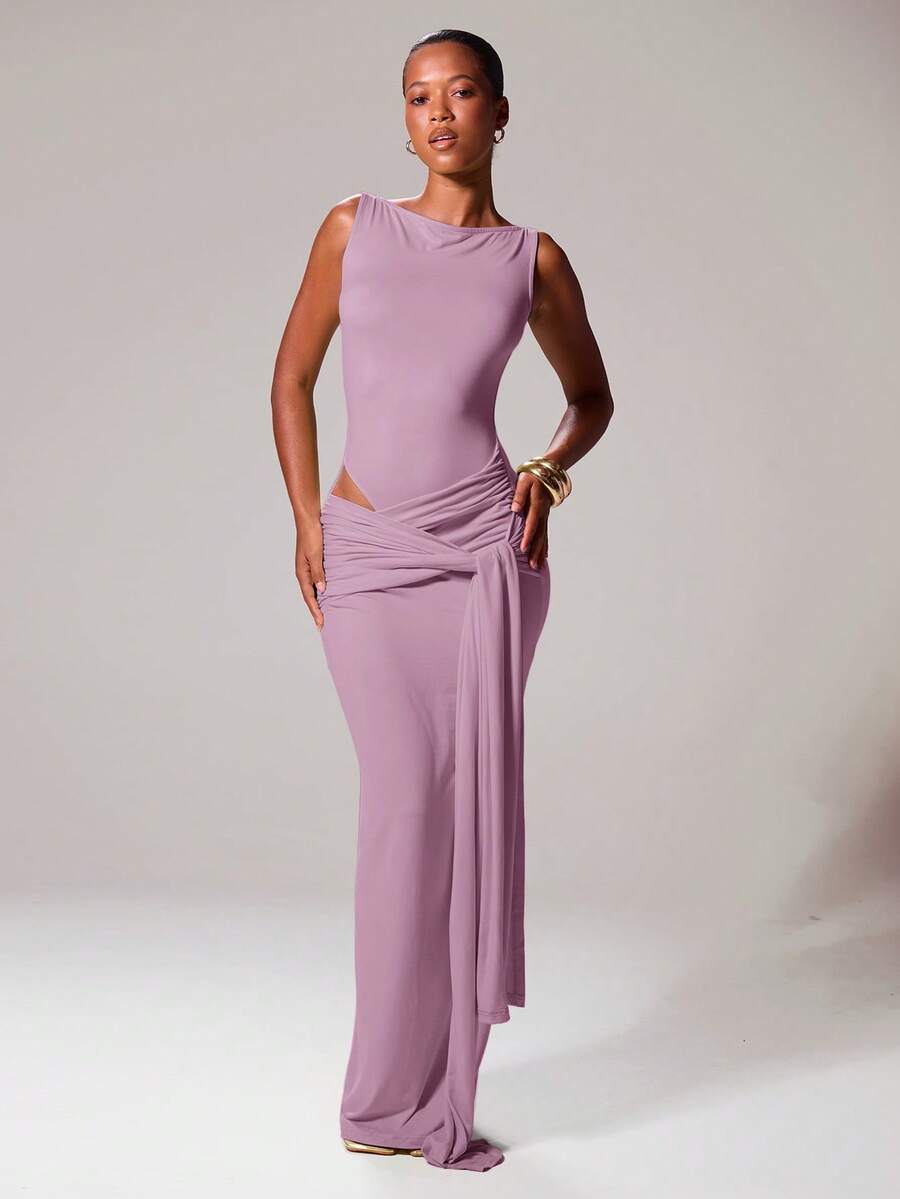 MUSERA 斜领系带垂褶修身无袖长款连衣裙,适合伊比沙岛度假、春夏音乐节、锐舞派对、海滩派对、浪漫舞会、毕业典礼、优雅生日派对、婚礼宾客等场合。 - 紫色 - 查看 1