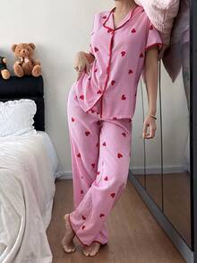 Dream Adore Ensemble de pyjama avec cardigan court à manches courtes, imprimé de cœurs rayés et froissé pour femmes