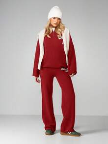 MISSGUIDED Oversized Quarter Zip Jumper With Logo Detail Long Sleeve Knit Pullover Winter Casual Sweater - Burgundy - View 3