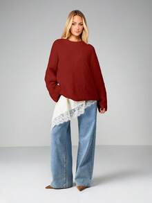 MISSGUIDED 宽松针织套头衫，长袖设计，冬季休闲毛衣，舒适保暖 - 酒紅色 - 查看 5