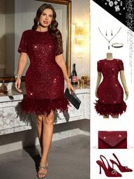Ellevyn Plus Size Summer Fashion Sequin Patchwork Feather Hem Dress