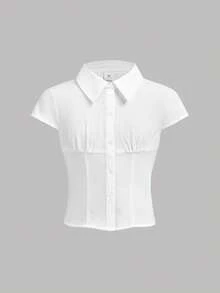 Firerie Kids Tween-Mädchen Elegantes, weißes Kurzarmhemd mit Bundfalten im College-Stil – perfekt für Pendler und Lässig . - Weiss - Übersicht 5