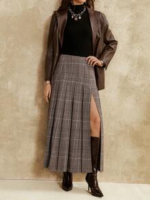 Florisole 女士优雅通勤斜纹格纹百褶裙 - 棕色 - 查看 6