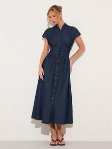 COSMINA Women's Elegant Ruched Shoulder Sleeve Cinched Waist Button Down Long Denim Dress, Versatile For Commuting, All Seasons - Dark Wash - View 5