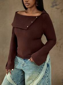 Truni Plus Size Women's Oblique Shoulder T-Shirt,Large Collar Metal Buckle Stretchy Knit Top,Brown,Autumn,Elegant,Night Out Club,Pear Triangle - Brown - View 4