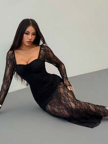 SHEIN PETITE 女士优雅浪漫时尚通勤性感优雅连衣裙，适合派对、度假、返校、浪漫约会、婚礼、生日、情人节等场合，蕾丝拼接3D花卉装饰长袖修身连衣裙 - 黑色 - 查看 7