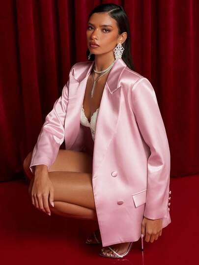 SHEIN Glamour Chaqueta blazer de satén de manga larga holgada y elegante para mujer, de unicolor y a la moda, adecuada para citas, otoño/invierno