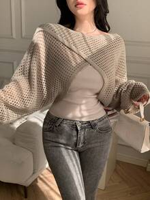 DAZY 2pcs Knitted Cover Up & Camisole Set, Casual Elegant Design Criss-Cross Knit Top, Fitted Women Sweater, Suitable For Autumn, Spring, Summer - Khaki - View 1