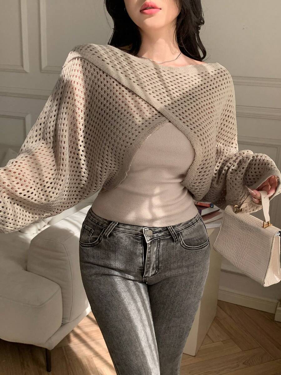DAZY 2pcs Knitted Cover Up & Camisole Set, Casual Elegant Design Criss-Cross Knit Top, Fitted Women Sweater, Suitable For Autumn, Spring, Summer - Khaki - View 1